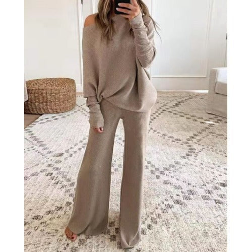 2026 Autumn/Winter Solid Color Batwing Sleeve Long Sleeve Drawstring High Waist Wide Leg Pants Knitted Two-Piece Set