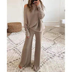2026 Autumn/Winter Solid Color Batwing Sleeve Long Sleeve Drawstring High Waist Wide Leg Pants Knitted Two-Piece Set