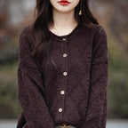 2026 Autumn/Winter New Arrival - Premium Pure Cotton Round Neck Hollow-Out Design Cardigan - Stylish Women's Coat