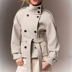 2026 Autumn/Winter New Style Short Double-Breasted Wool Coat Women's Stand Collar Tie-Waist Slim Fit Wool Overcoat