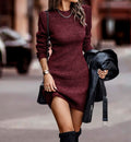 2026 Autumn/Winter Solid Color Round Neck Long Sleeve Bodycon Sweater Dress