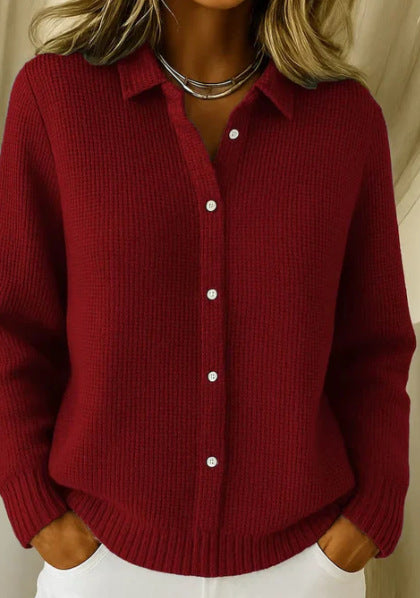 2026 New Women's Shirt, Collared Cardigan, Solid Color Knit 3D Print, Christmas Autumn/Winter