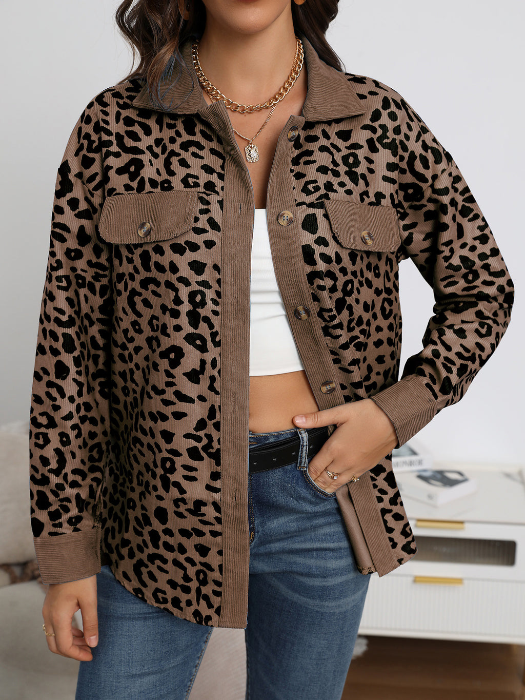 2026 Casual Style Cross-border Women's Clothing Autumn and Winter Fashion Leopard Print Button-down Long-sleeved Jacket