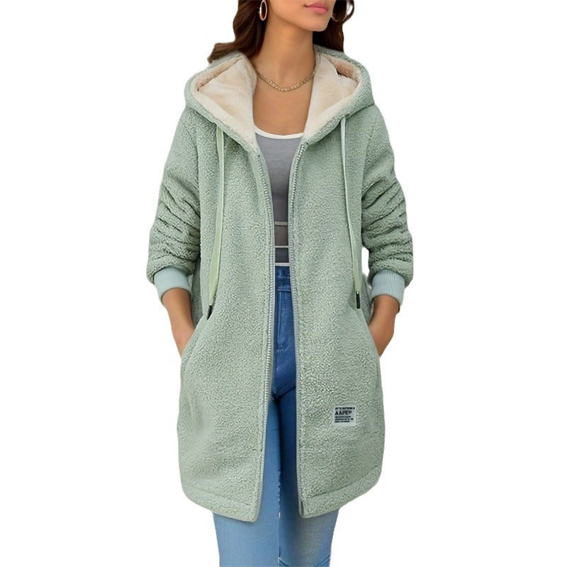 Women's Fleece-Lined Thick Mid-Length Lambswool Sweatshirt, 2026 New Autumn/Winter Style, Embroidered Letter Zipper Jacket