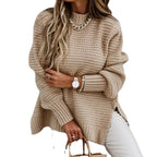 2026 Autumn/Winter New Semi-High Neck Loose Solid Color Long Sleeve Chunky Knit Side Slit Knit Sweater for Women