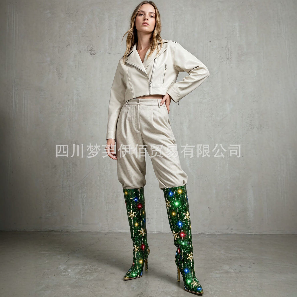 Christmas Snowflake Sequin High-Heeled Boots for Women, Pointed Toe, Stiletto Heel, Over-the-Knee, Slimming Fashion Boots