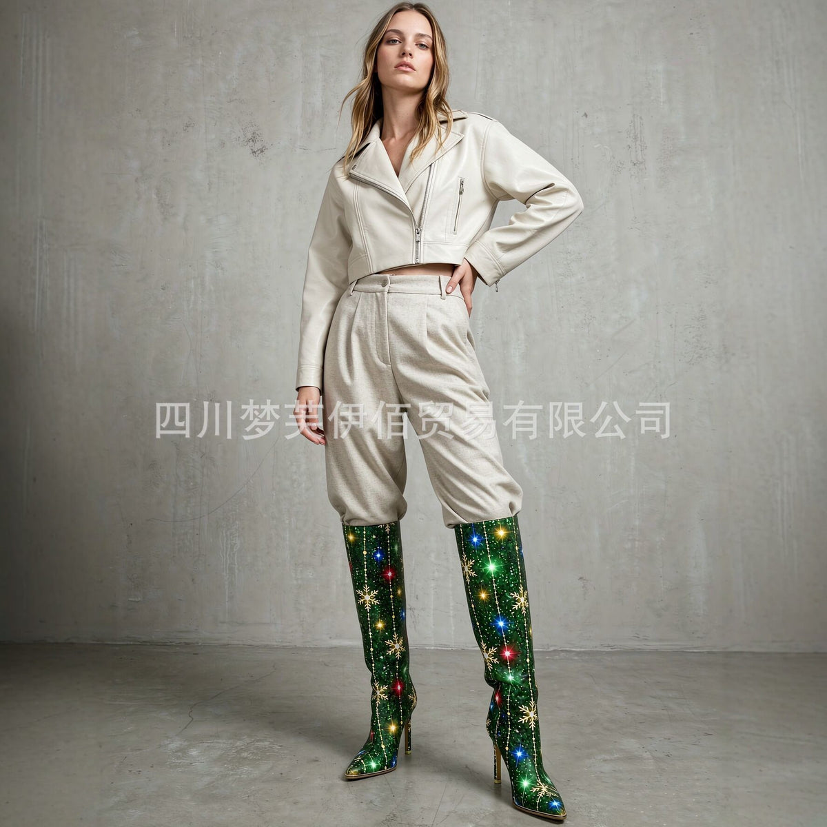 Christmas Snowflake Sequin High-Heeled Boots for Women, Pointed Toe, Stiletto Heel, Over-the-Knee, Slimming Fashion Boots