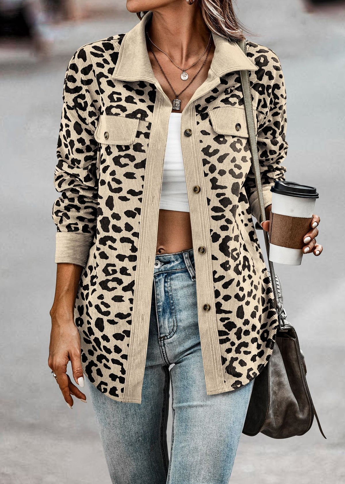 2026 Casual Style Cross-border Women's Clothing Autumn and Winter Fashion Leopard Print Button-down Long-sleeved Jacket