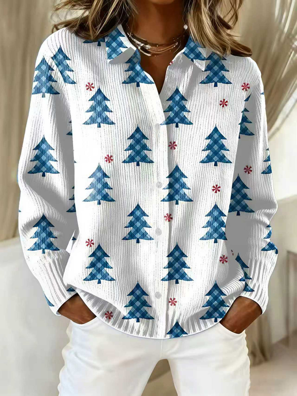 2026 New Women's Shirt, Collared Cardigan, Solid Color Knit 3D Print, Christmas Autumn/Winter