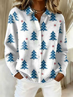 2026 New Women's Shirt, Collared Cardigan, Solid Color Knit 3D Print, Christmas Autumn/Winter