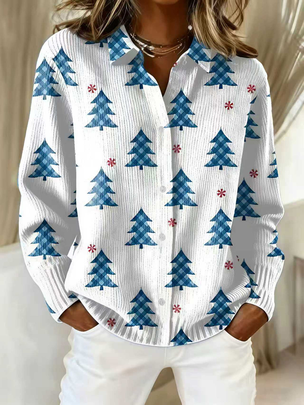 2026 New Women's Shirt, Collared Cardigan, Solid Color Knit 3D Print, Christmas Autumn/Winter