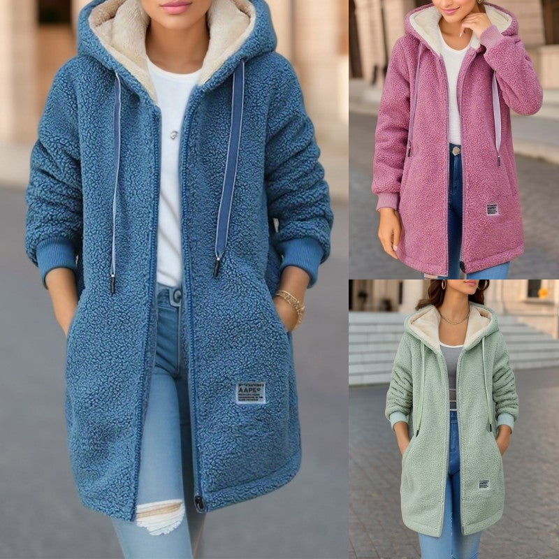 Women's Fleece-Lined Thick Mid-Length Lambswool Sweatshirt, 2026 New Autumn/Winter Style, Embroidered Letter Zipper Jacket