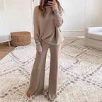 2026 Autumn/Winter Solid Color Batwing Sleeve Long Sleeve Drawstring High Waist Wide Leg Pants Knitted Two-Piece Set