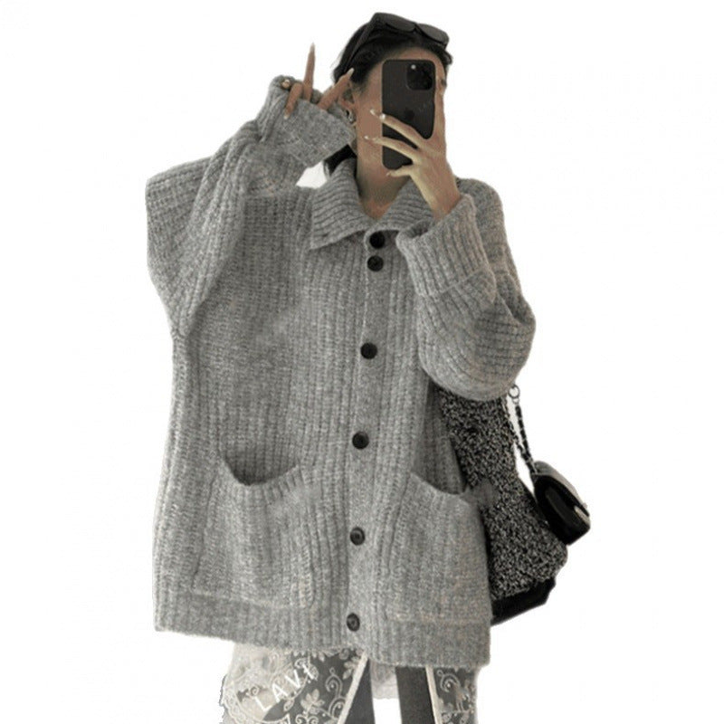 Korean Style Soft and Loose-fitting Lazy Style Sweater Cardigan 2026 Autumn/Winter New High-Neck Solid Color Knit Cardigan