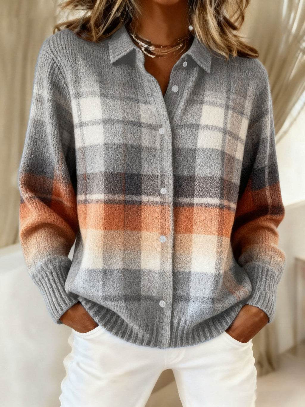 2026 New Women's Shirt, Collared Cardigan, Solid Color Knit 3D Print, Christmas Autumn/Winter