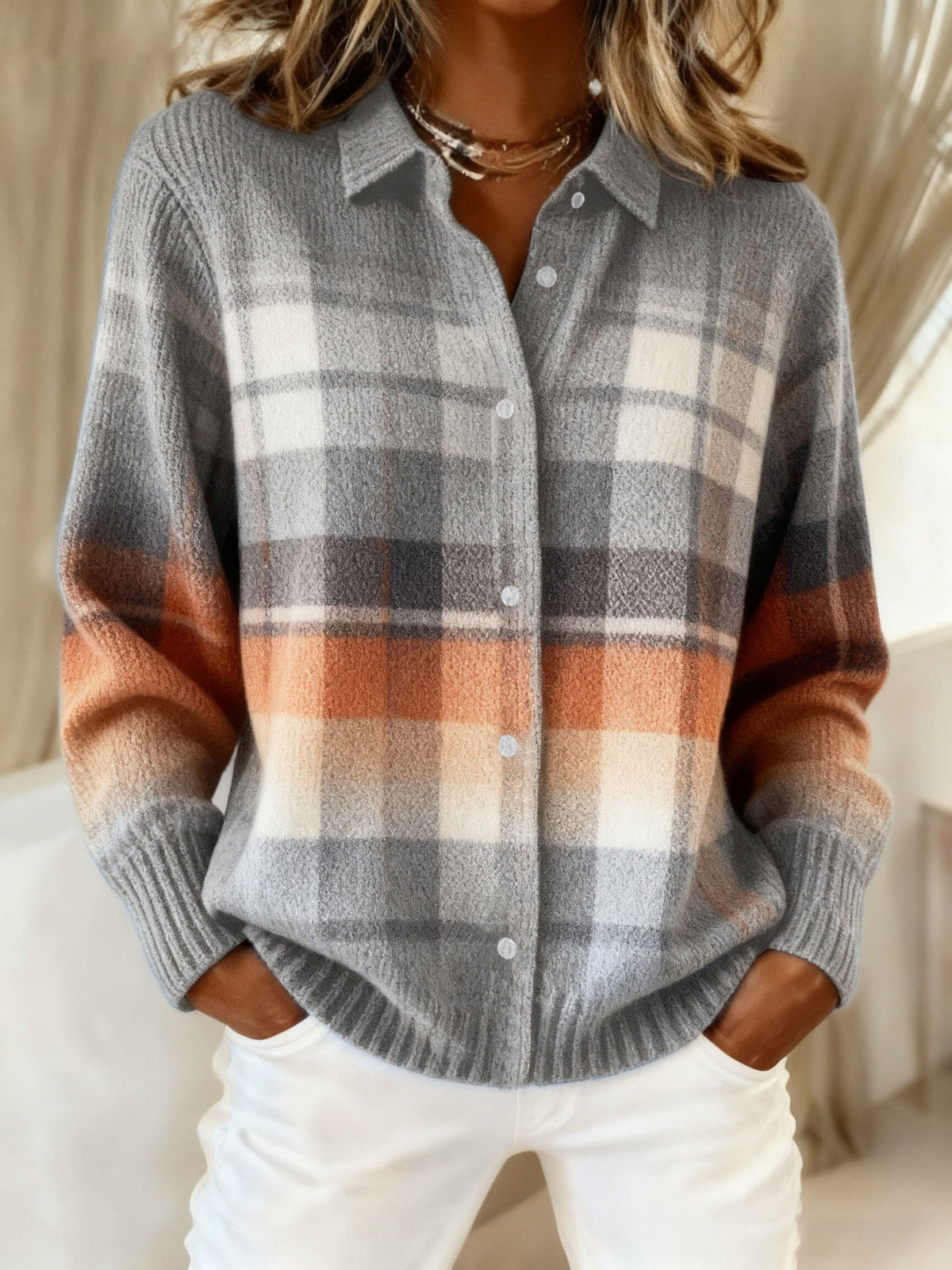 2026 New Women's Shirt, Collared Cardigan, Solid Color Knit 3D Print, Christmas Autumn/Winter