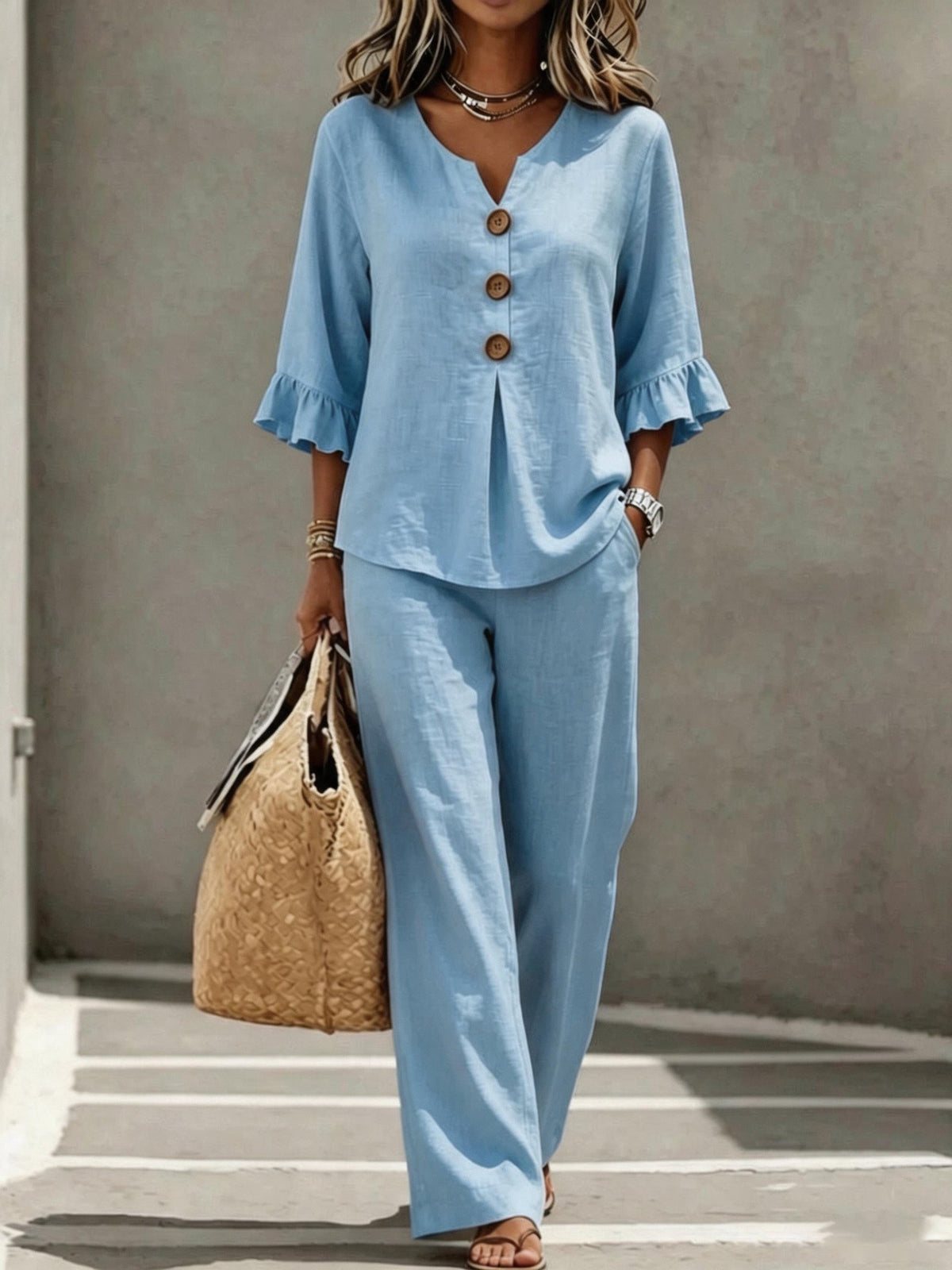 2026 Autumn/Winter New V-neck Button-up Ruffle Three-quarter Sleeve T-shirt and Trousers Fashionable Casual Two-Piece Women's Clothing