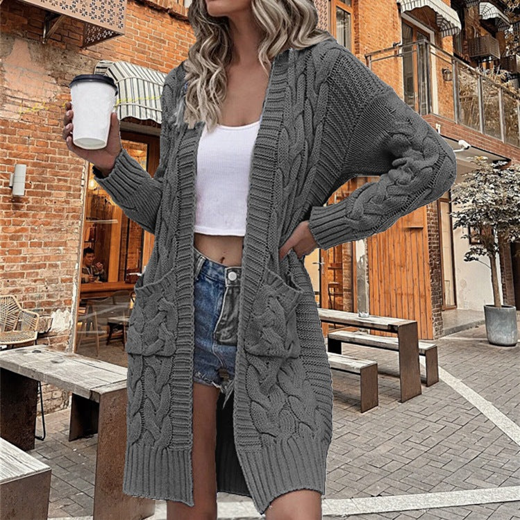2026 Autumn/Winter New Arrival - Solid Color Women's Knitted Top, Cable Knit Sweater, Cardigan, Loose Pocket Coat