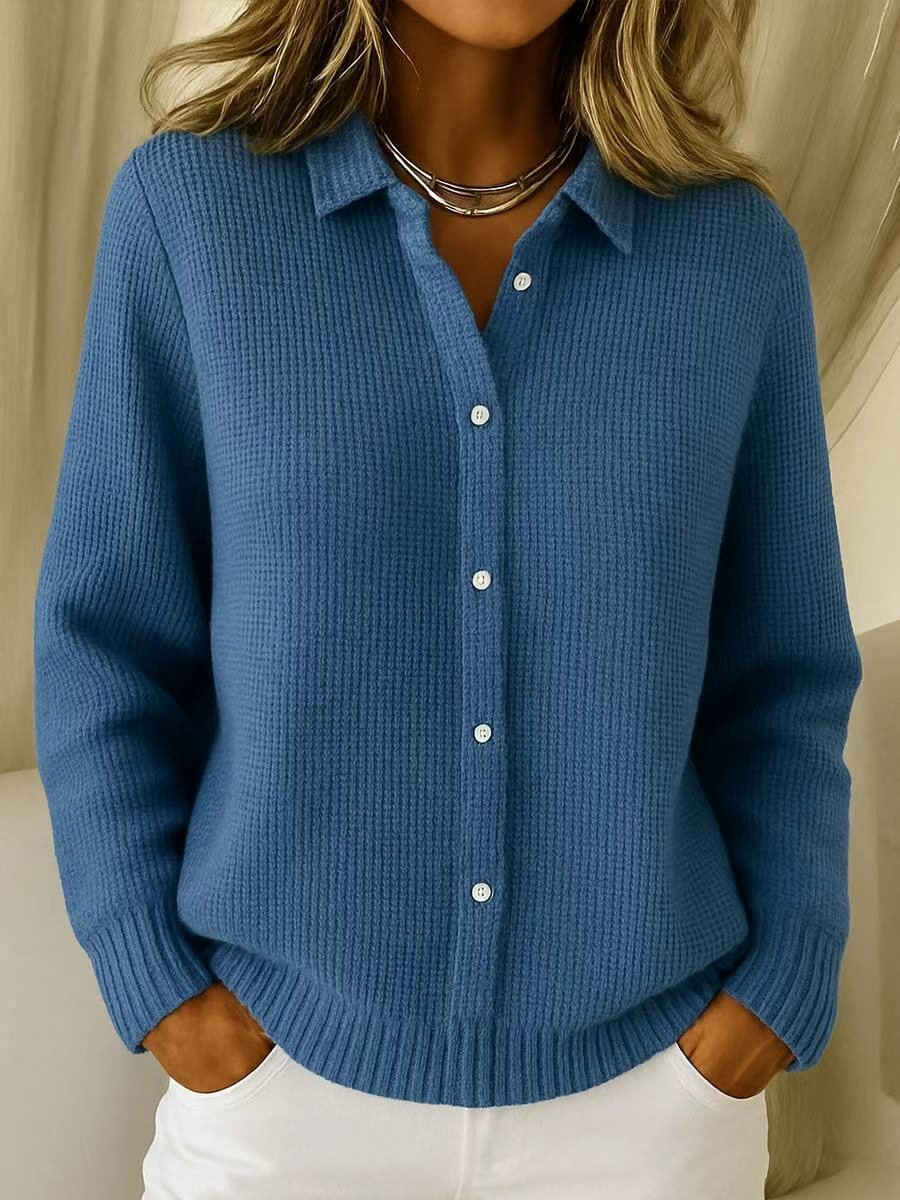 2026 New Women's Shirt, Collared Cardigan, Solid Color Knit 3D Print, Christmas Autumn/Winter