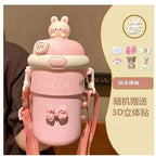New cartoon water bottle for schoolgirls with strap, anti-scalding and heat-insulating glass cup, suitable as a gift for company team building or opening events.
