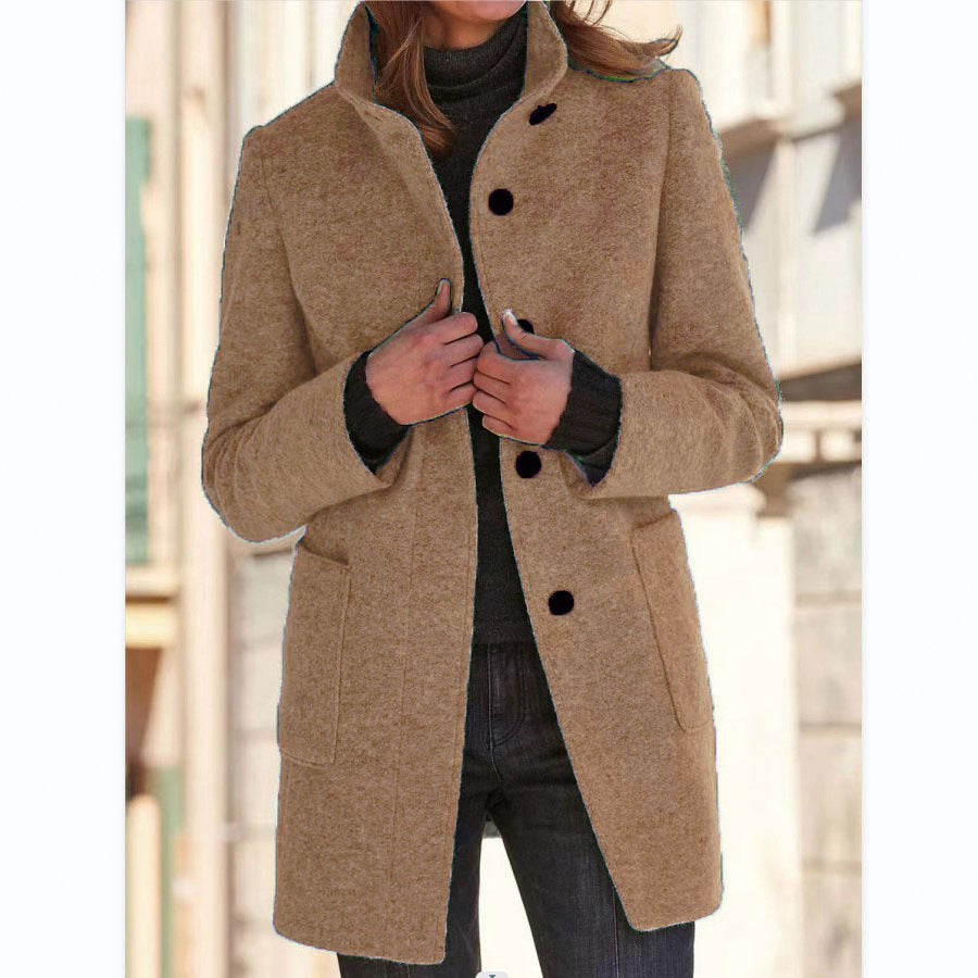 2026 Autumn/Winter Women's Clothing New Arrival Solid Color Button Stand Collar Woolen Coat