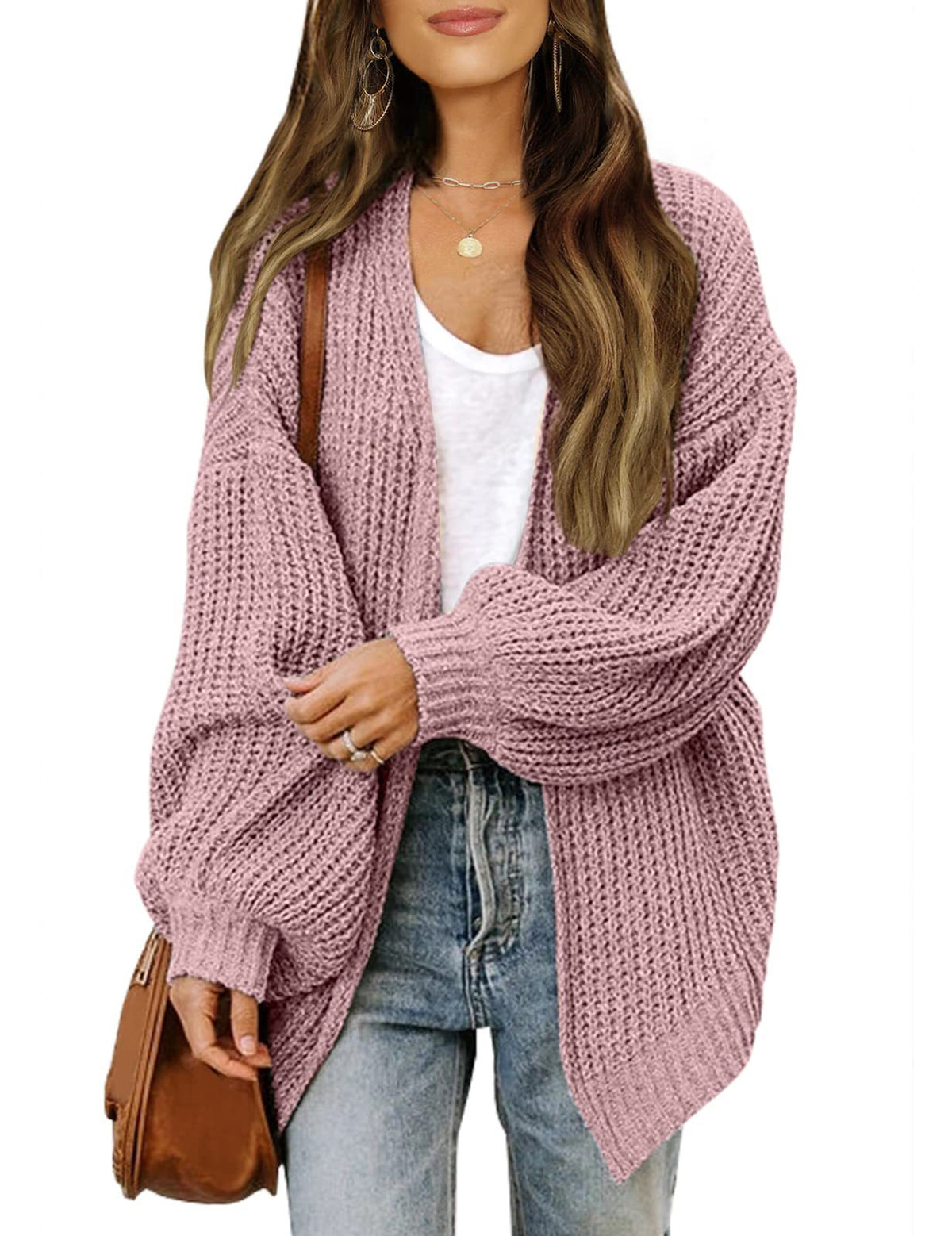 Women's lantern sleeve chunky knit cardigan 2026 autumn and winter new pocket knit sweater women's coat