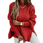 2026 Autumn/Winter New Semi-High Neck Loose Solid Color Long Sleeve Chunky Knit Side Slit Knit Sweater for Women