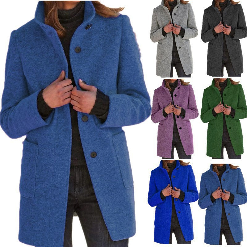 2026 Autumn/Winter Women's Clothing New Arrival Solid Color Button Stand Collar Woolen Coat
