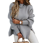 2026 Autumn/Winter New Semi-High Neck Loose Solid Color Long Sleeve Chunky Knit Side Slit Knit Sweater for Women