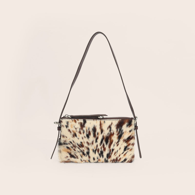 2026 Winter Leopard Print Horse Hair Shoulder Bag, Genuine Leather and Fur Trim, High-End Trendy Shoulder Bag from Factory