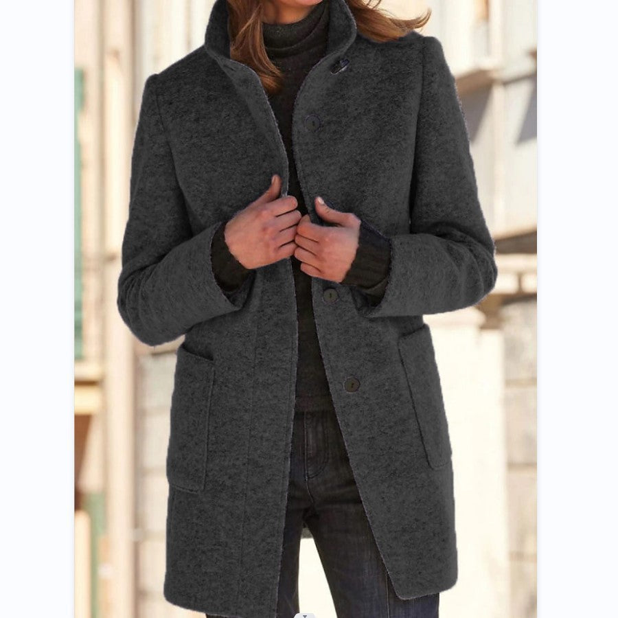 2026 Autumn/Winter Women's Clothing New Arrival Solid Color Button Stand Collar Woolen Coat