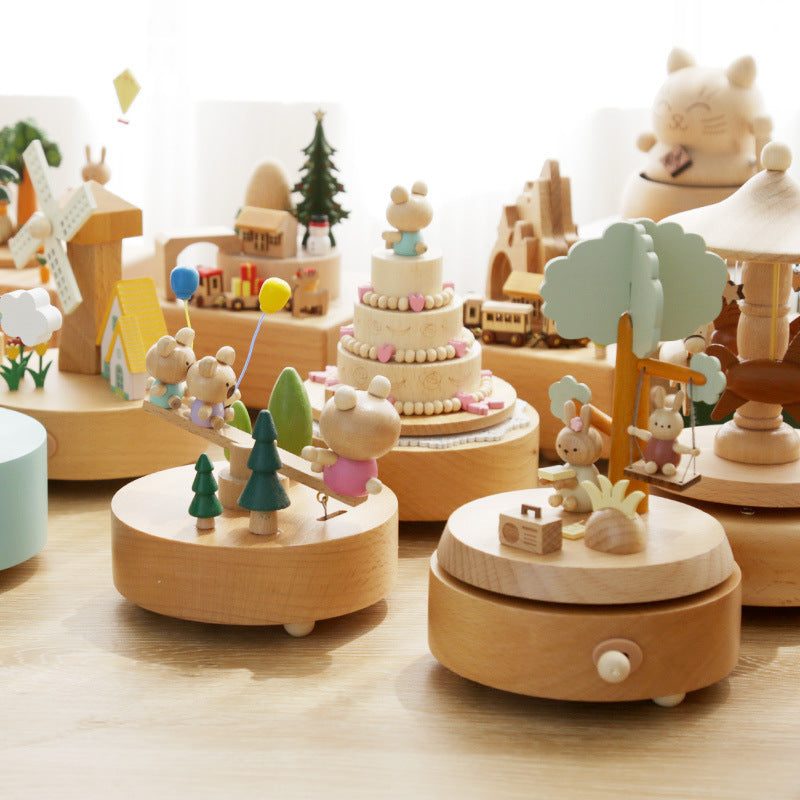 Wooden music box, creative home gift, children's birthday gift, carousel, handmade solid wood gift