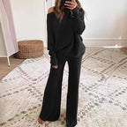 2026 Autumn/Winter Solid Color Batwing Sleeve Long Sleeve Drawstring High Waist Wide Leg Pants Knitted Two-Piece Set