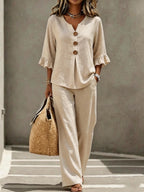 2026 Autumn/Winter New V-neck Button-up Ruffle Three-quarter Sleeve T-shirt and Trousers Fashionable Casual Two-Piece Women's Clothing