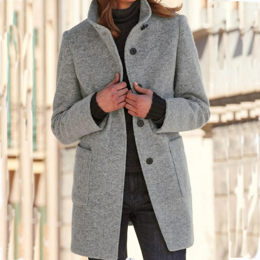 2026 Autumn/Winter Women's Clothing New Arrival Solid Color Button Stand Collar Woolen Coat