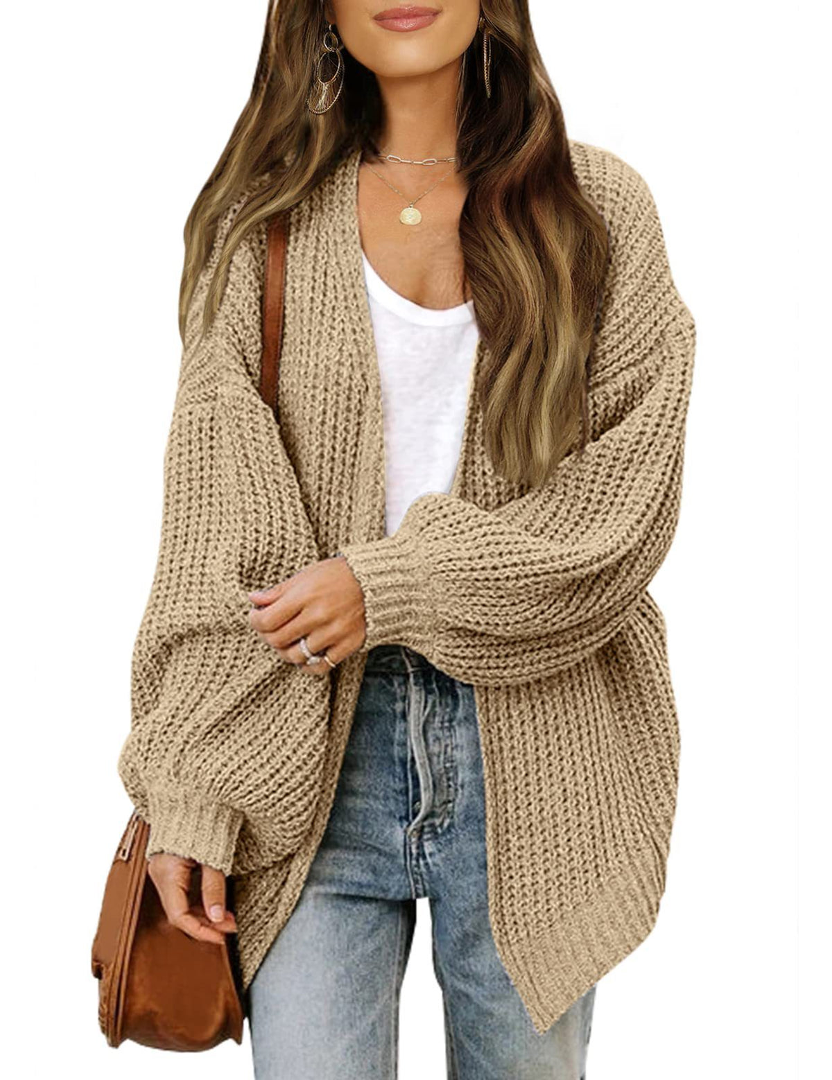 Women's lantern sleeve chunky knit cardigan 2026 autumn and winter new pocket knit sweater women's coat