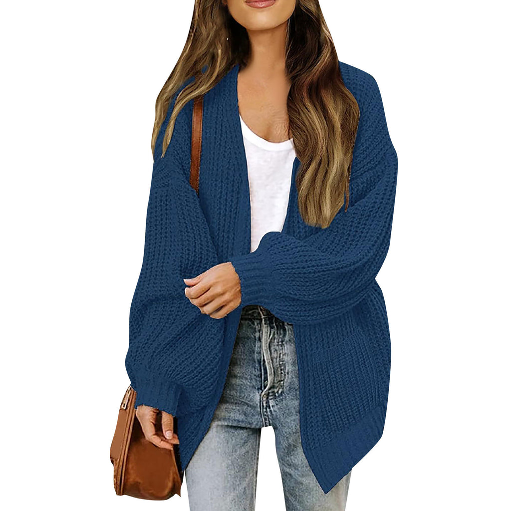 Women's lantern sleeve chunky knit cardigan 2026 autumn and winter new pocket knit sweater women's coat