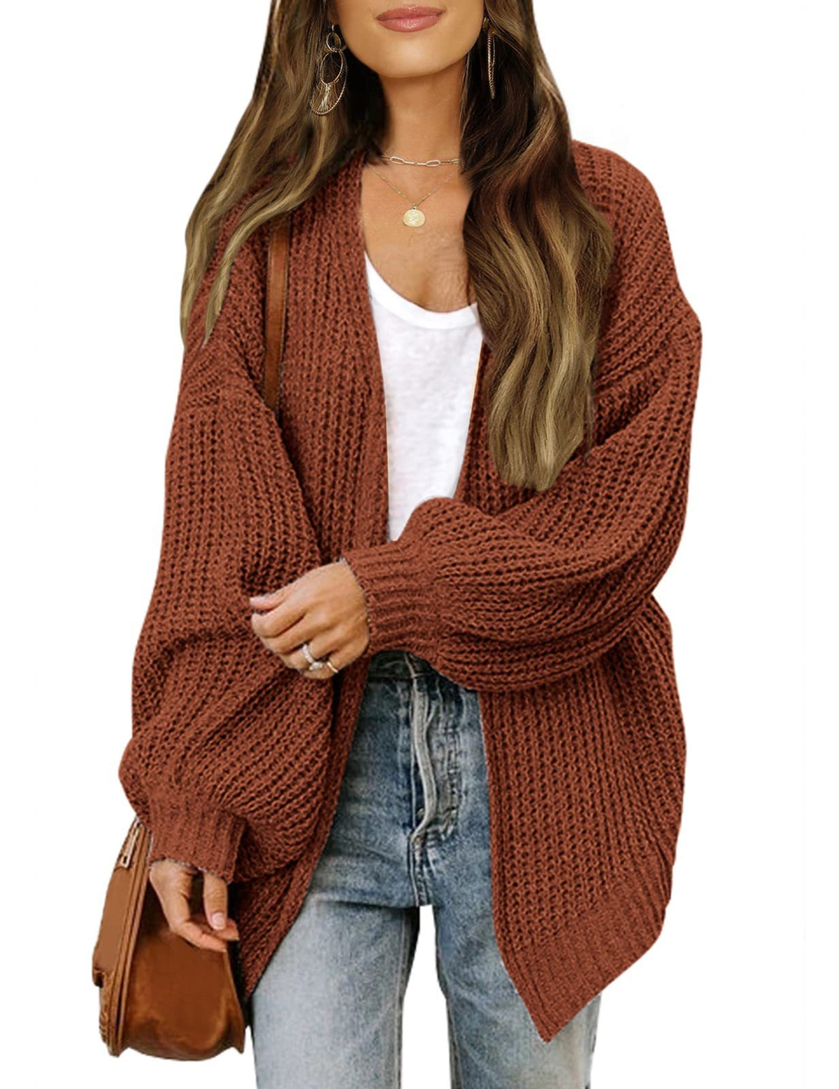 Women's lantern sleeve chunky knit cardigan 2026 autumn and winter new pocket knit sweater women's coat