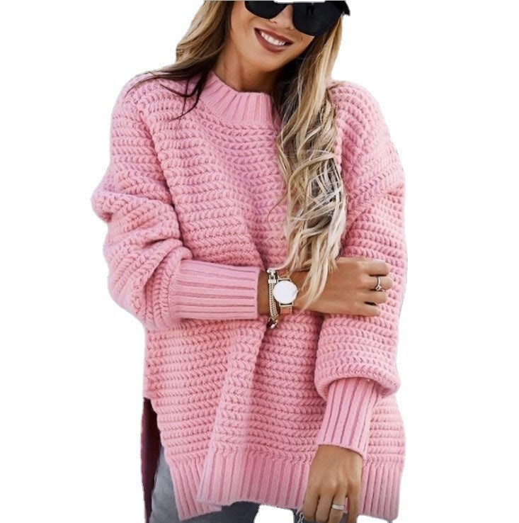 2026 Autumn/Winter New Semi-High Neck Loose Solid Color Long Sleeve Chunky Knit Side Slit Knit Sweater for Women