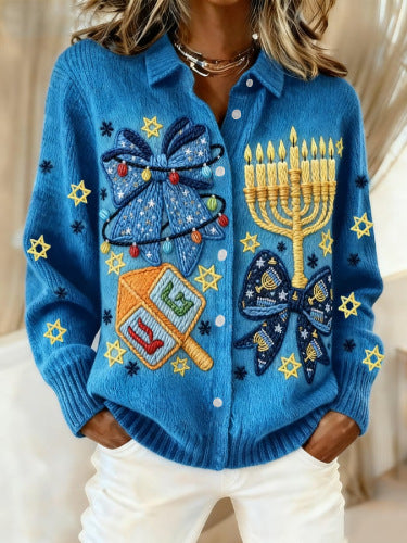 2026 New Women's Shirt, Collared Cardigan, Solid Color Knit 3D Print, Christmas Autumn/Winter