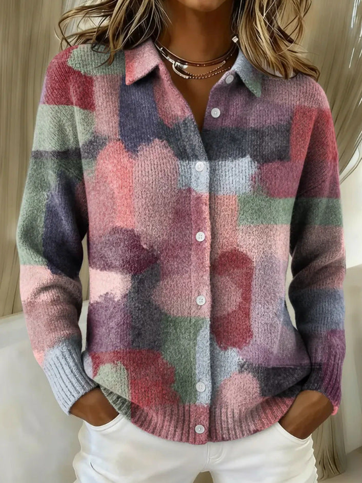 2026 New Women's Shirt, Collared Cardigan, Solid Color Knit 3D Print, Christmas Autumn/Winter