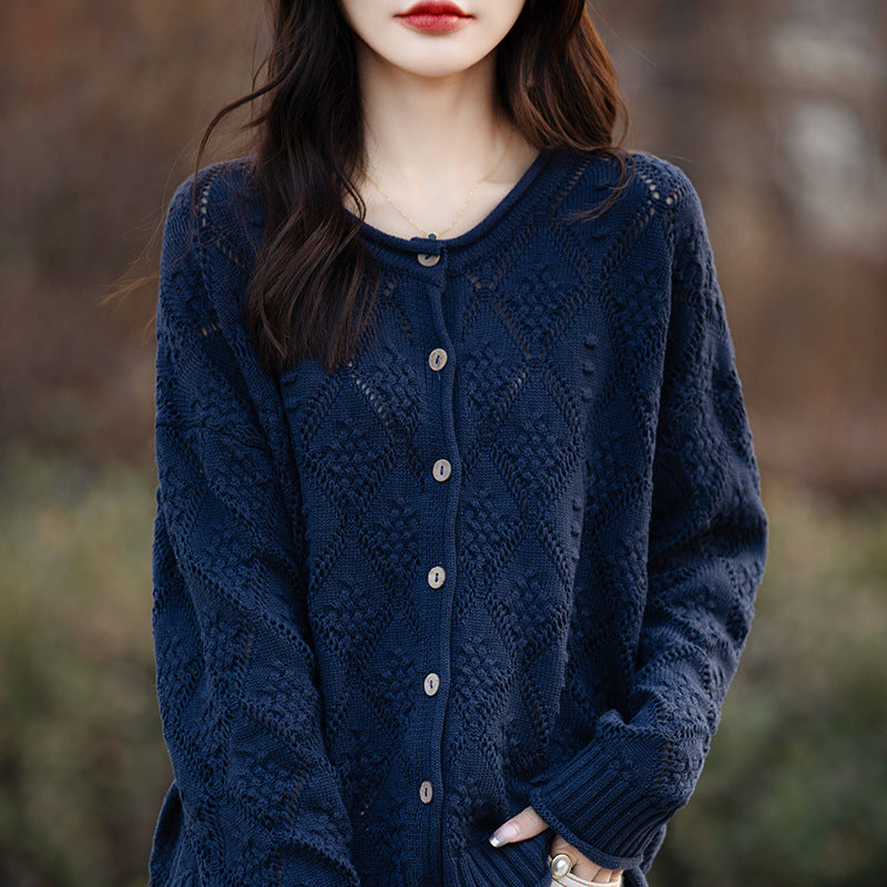2026 Autumn/Winter New Arrival - Premium Pure Cotton Round Neck Hollow-Out Design Cardigan - Stylish Women's Coat