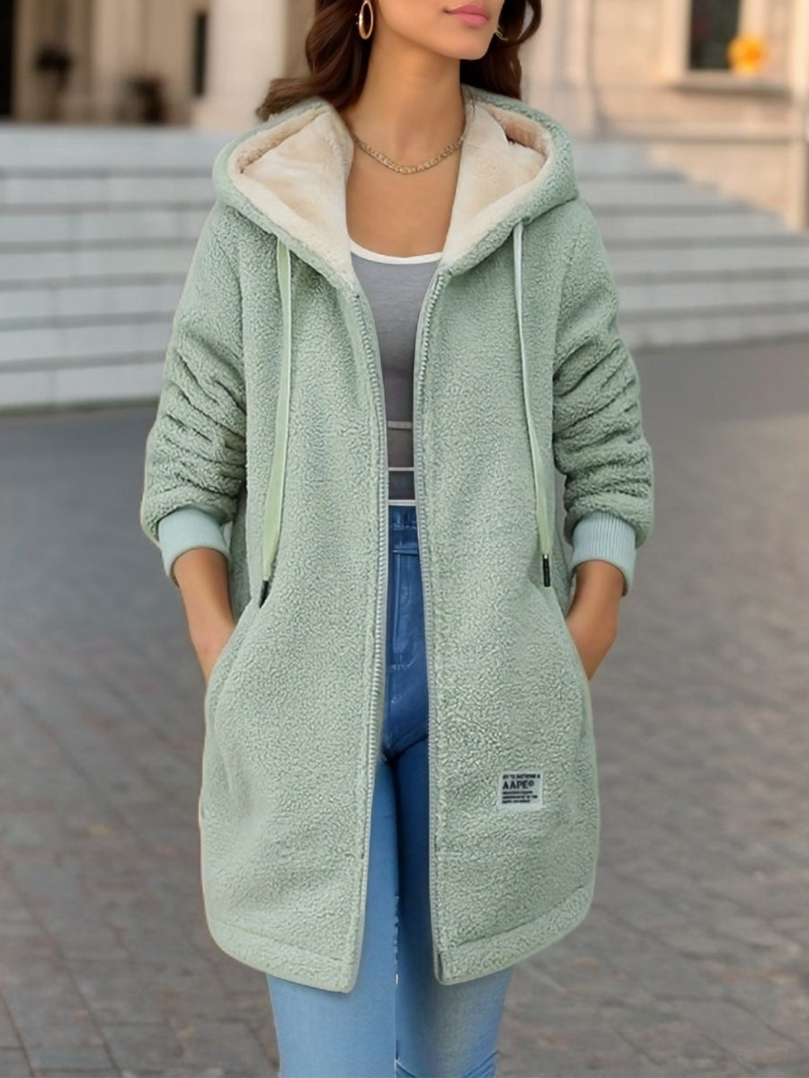 Women's Fleece-Lined Thick Mid-Length Lambswool Sweatshirt, 2026 New Autumn/Winter Style, Embroidered Letter Zipper Jacket