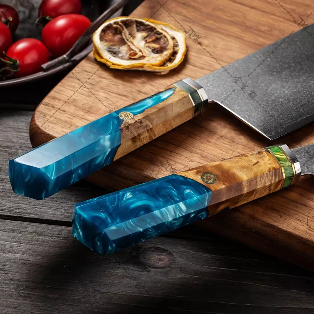 Octagonal resin handle Damascus steel chef's knife set, culinary knife combination set, Japanese chef's knife, slicing knife