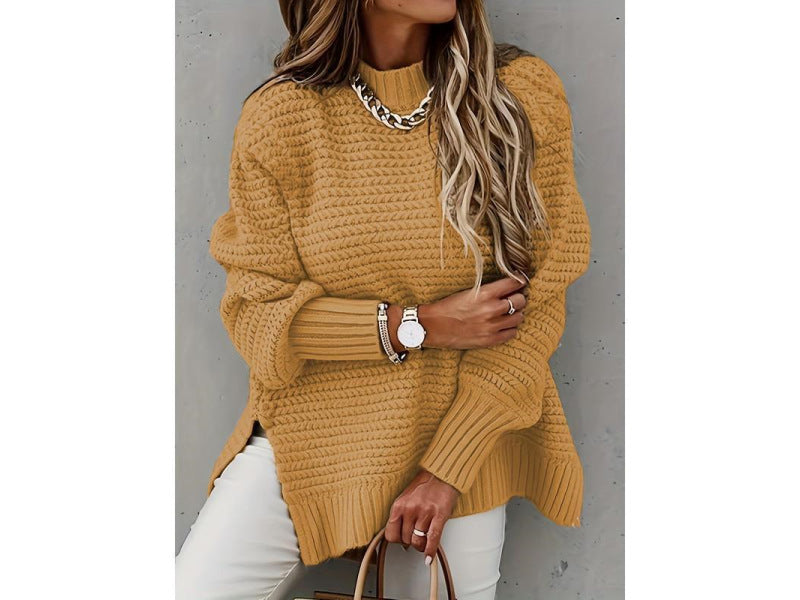 2026 Autumn/Winter New Semi-High Neck Loose Solid Color Long Sleeve Chunky Knit Side Slit Knit Sweater for Women