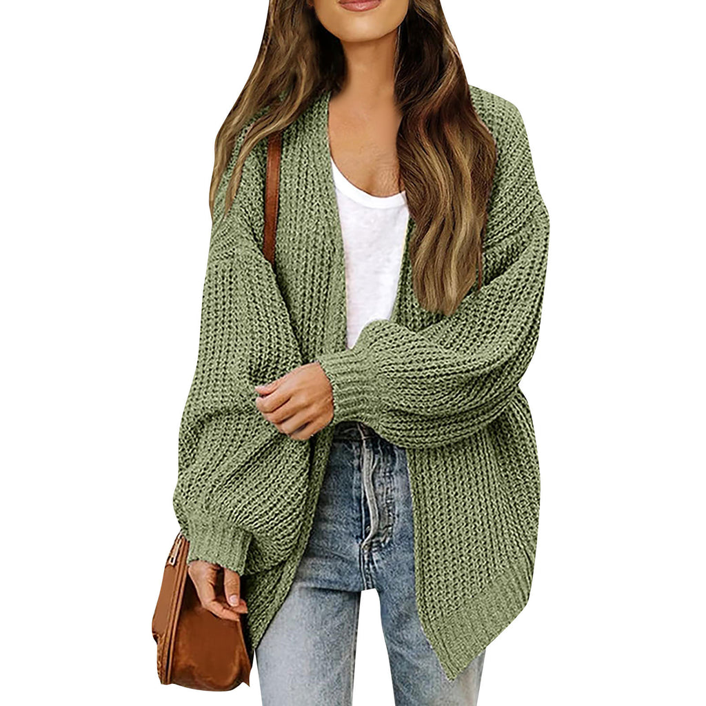 Women's lantern sleeve chunky knit cardigan 2026 autumn and winter new pocket knit sweater women's coat