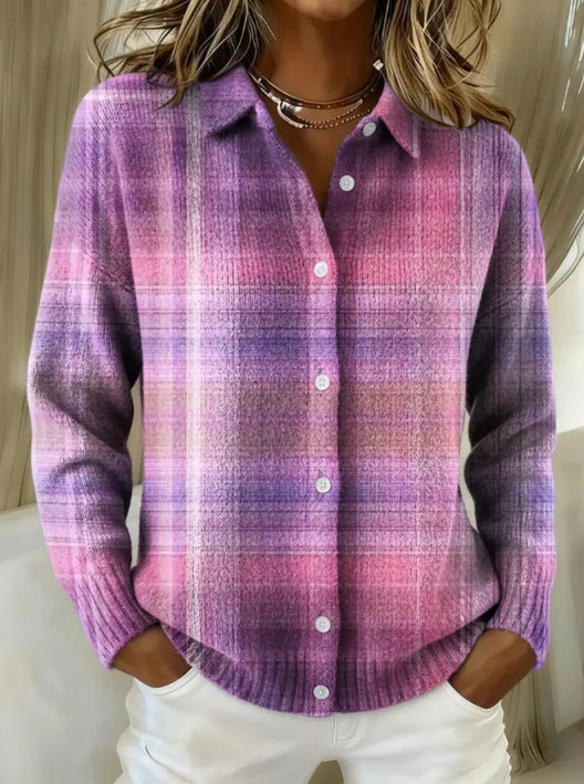 2026 New Women's Shirt, Collared Cardigan, Solid Color Knit 3D Print, Christmas Autumn/Winter