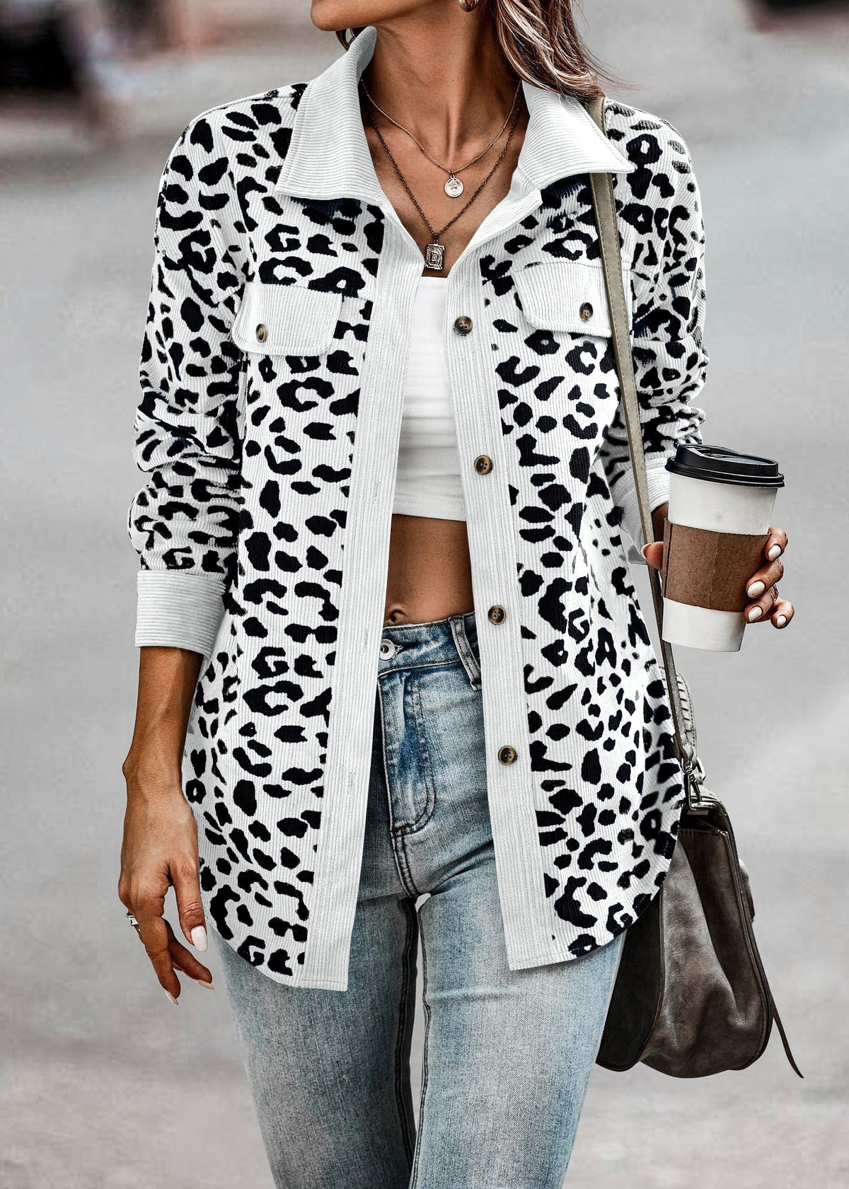 2026 Casual Style Cross-border Women's Clothing Autumn and Winter Fashion Leopard Print Button-down Long-sleeved Jacket