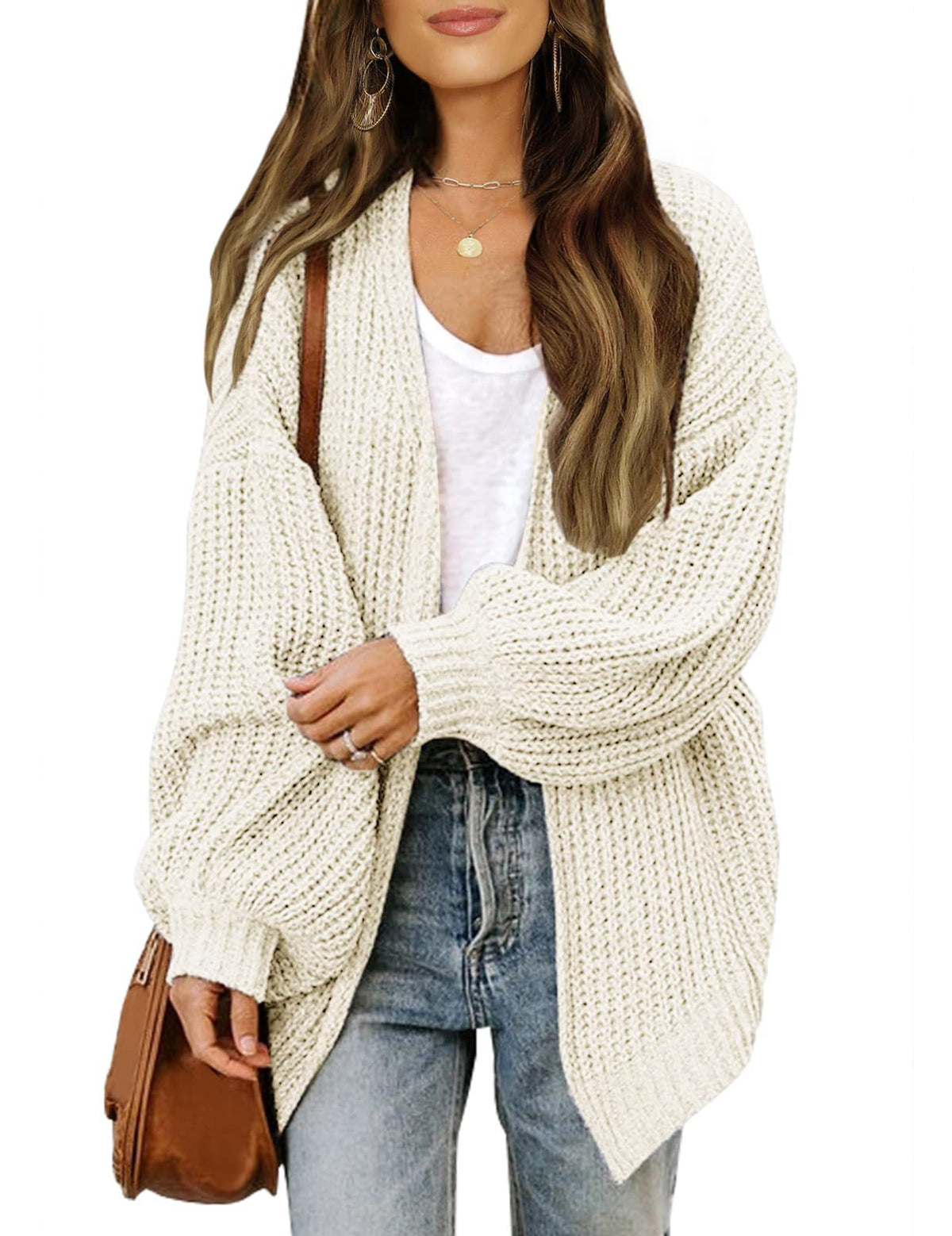 Women's lantern sleeve chunky knit cardigan 2026 autumn and winter new pocket knit sweater women's coat