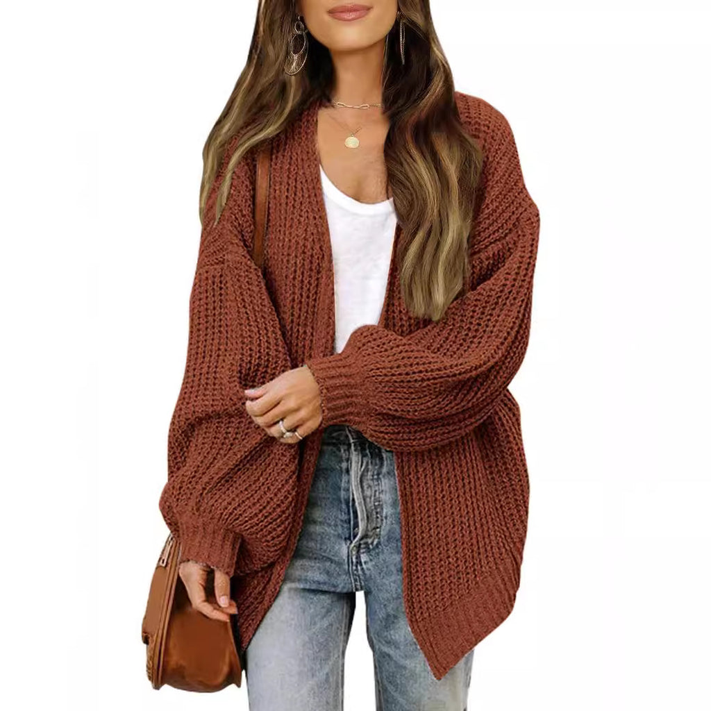 Women's lantern sleeve chunky knit cardigan 2026 autumn and winter new pocket knit sweater women's coat